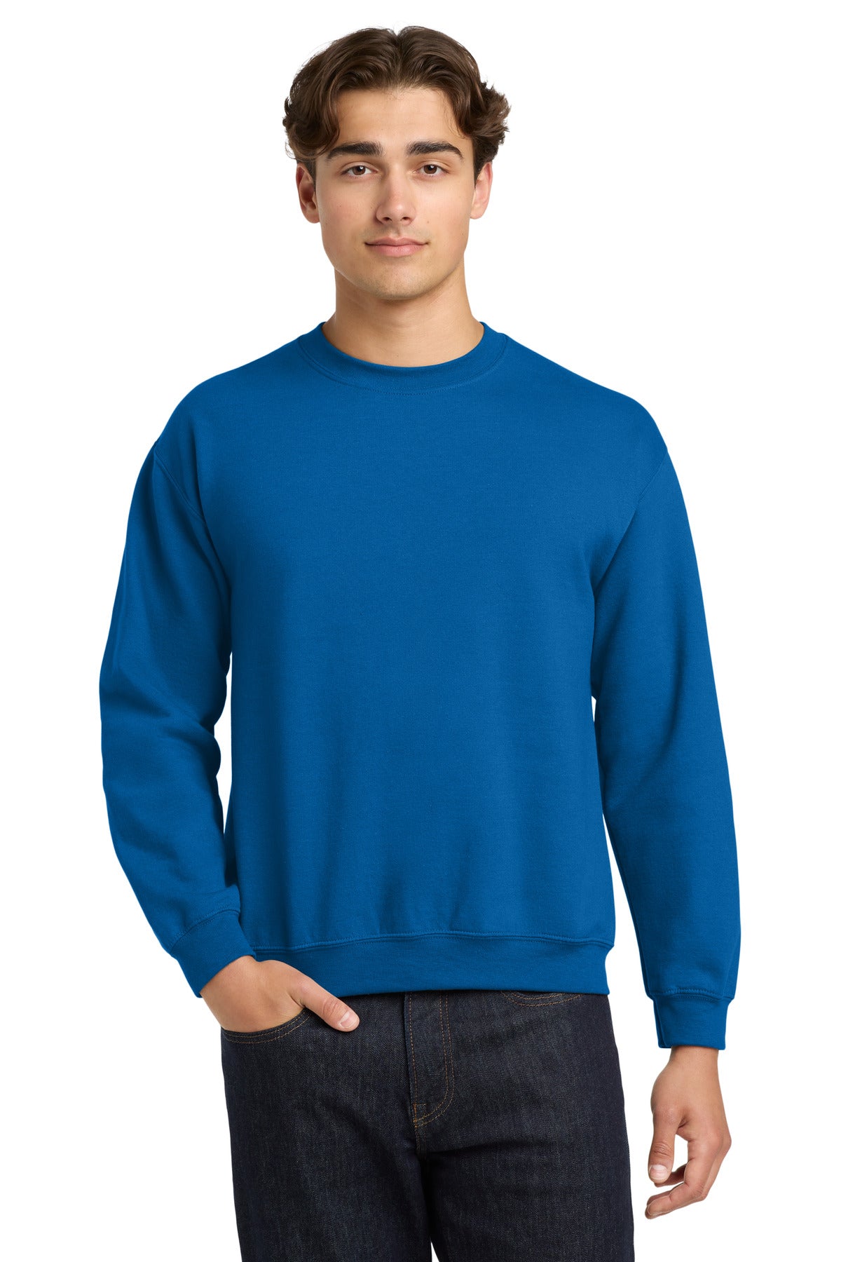Front View of NeonBlue Gildan Heavy Blend Crewneck Sweatshirt. 18000