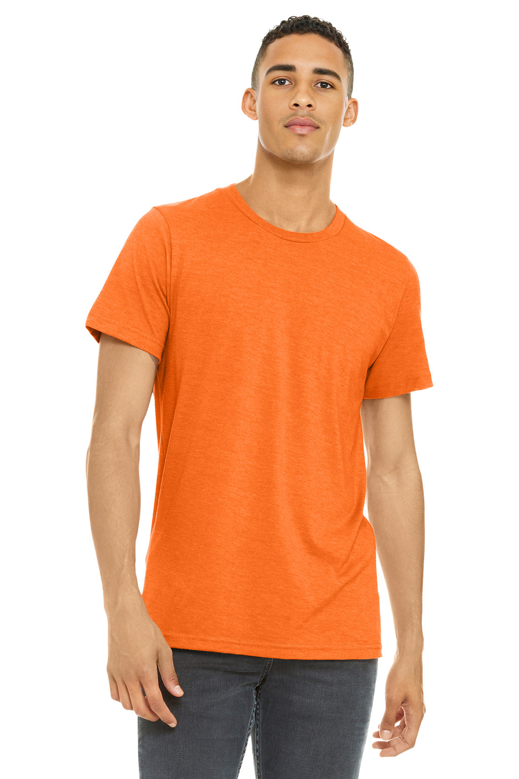 Front View of NeonOrange BELLA+CANVAS Unisex Heather CVC Short Sleeve Tee. BC3001CVC