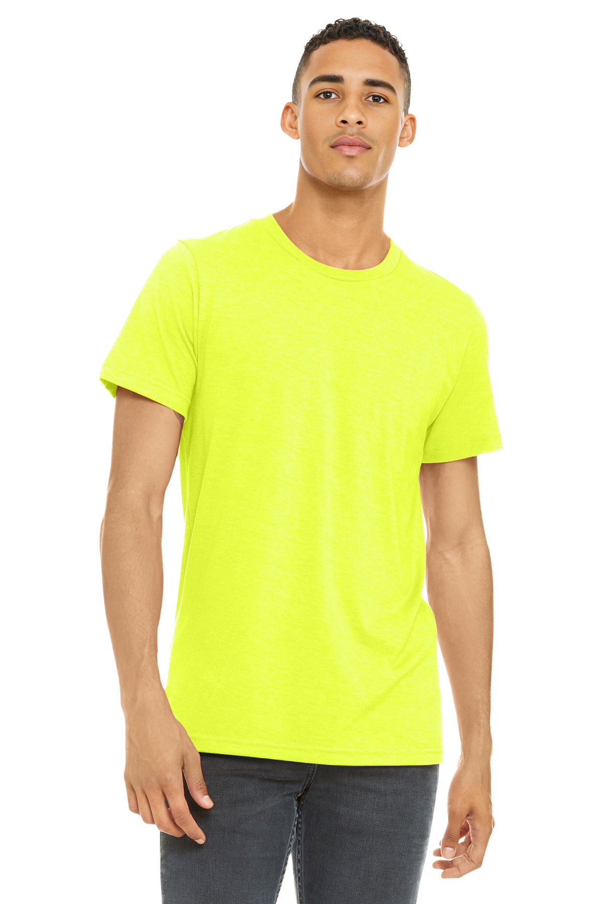 Front View of NeonYellow BELLA+CANVAS Unisex Heather CVC Short Sleeve Tee. BC3001CVC