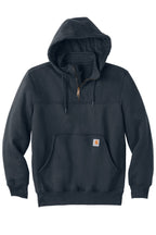 Front View of New Navy Carhartt Rain Defender Paxton Heavyweight Hooded Zip Mock Sweatshirt. CT100617