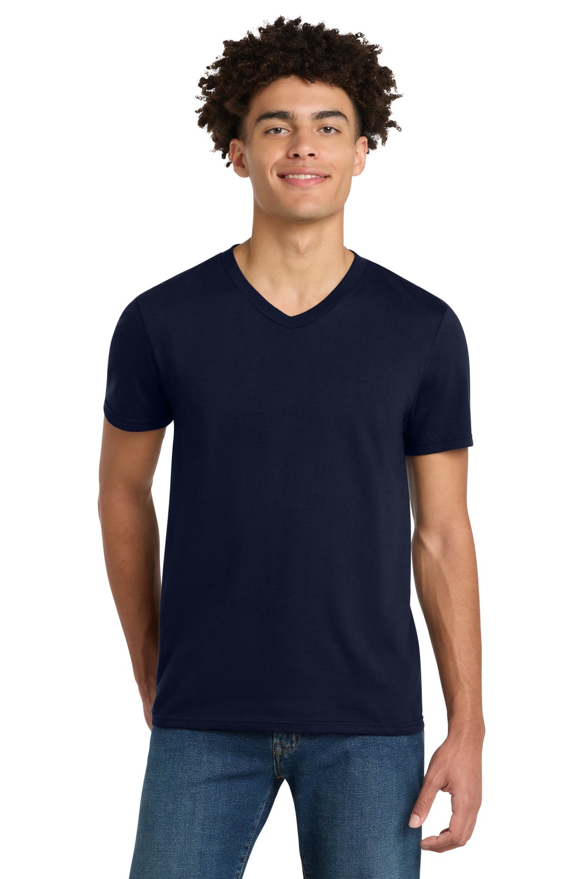 Front View of New Navy District Very Important Tee V-Neck. DT6500