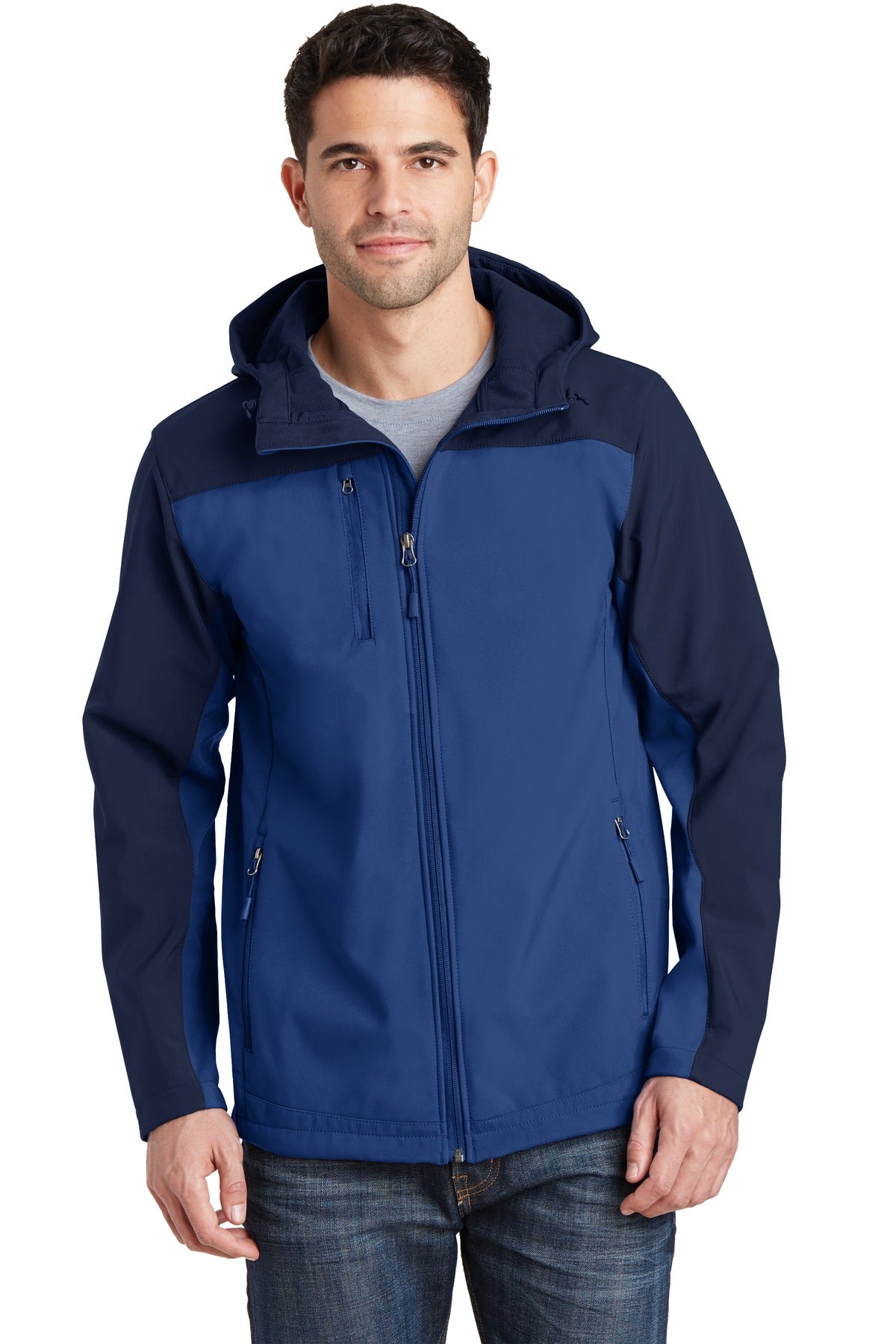 Front View of NtSky Bl/DB Ny Port Authority Hooded Core Soft Shell Jacket. J335