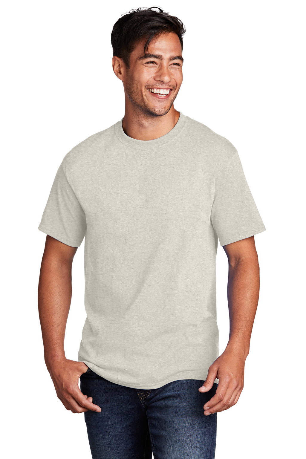 Front View of OatHthr Port & Co Core Cotton Tee. PC54