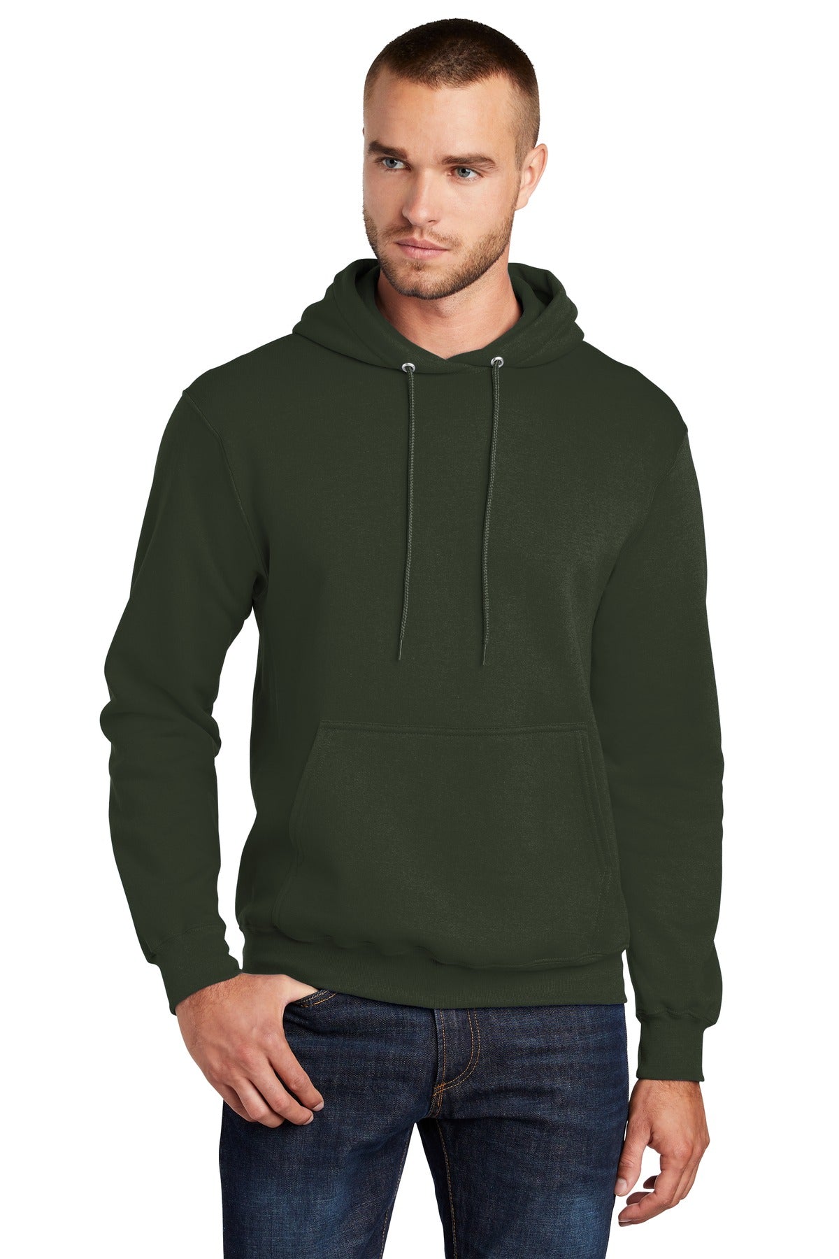 Front View of Olive Port & Co Core Fleece Pullover Hooded Sweatshirt. PC78H
