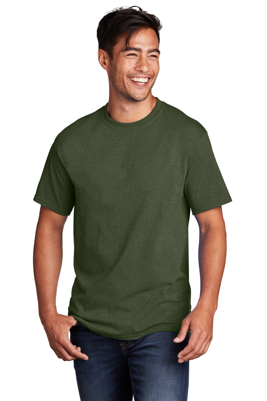 Front View of OlvDrabGnH Port & Co Core Cotton Tee. PC54