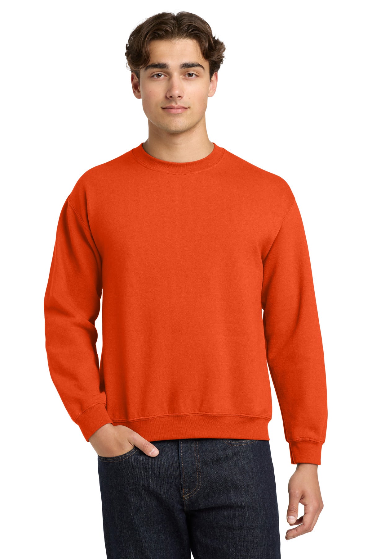 Front View of Orange Gildan Heavy Blend Crewneck Sweatshirt. 18000