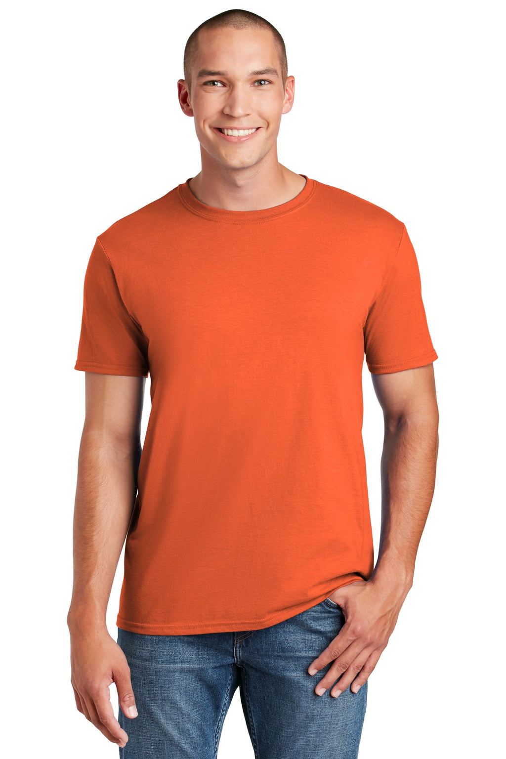 Front View of Orange Gildan Softstyle T-Shirt. 64000