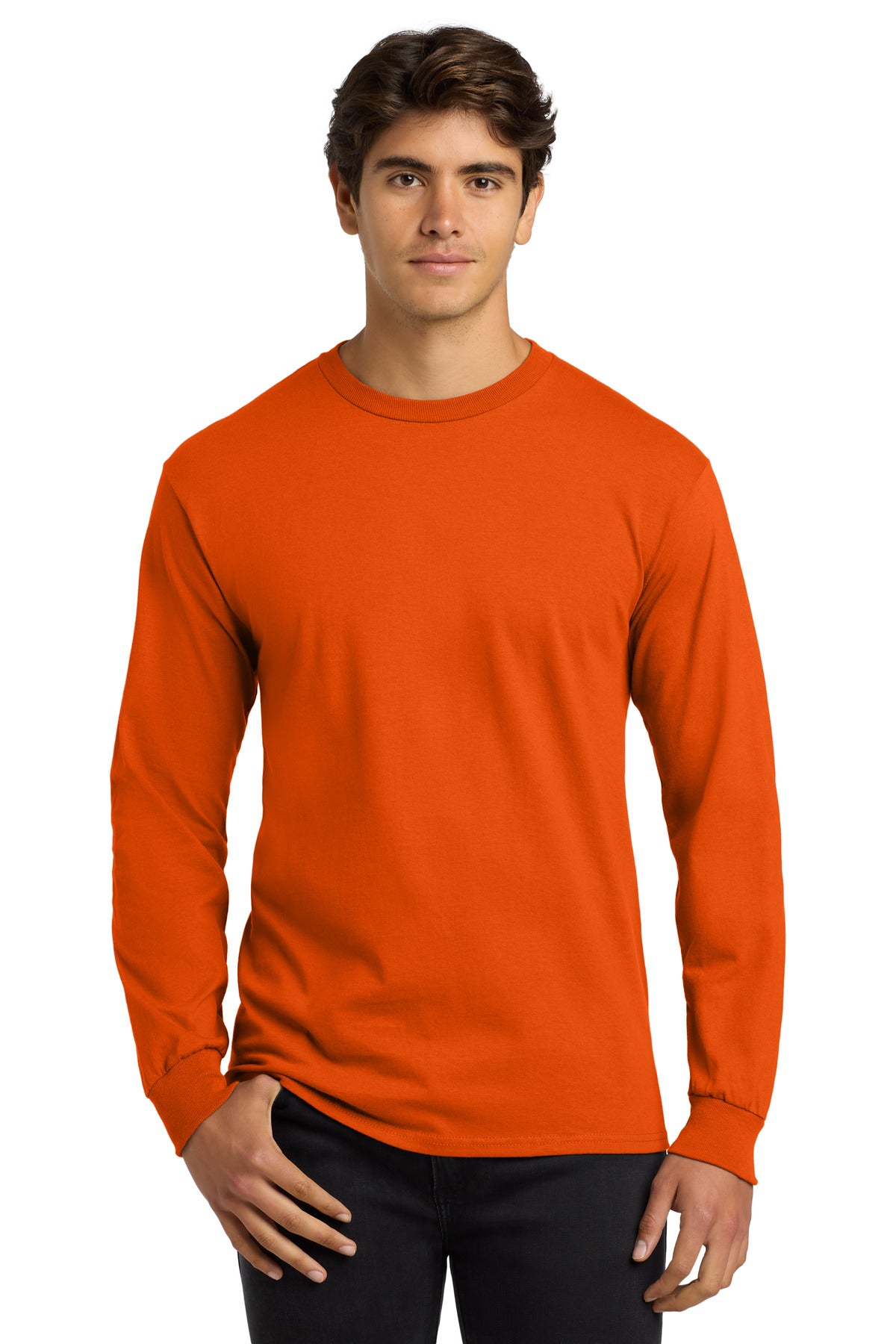 Front View of Orange Gildan - Ultra Cotton 100% US Cotton Long Sleeve T-Shirt. G2400