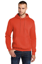 Front View of Orange Port & Co Core Fleece Pullover Hooded Sweatshirt. PC78H