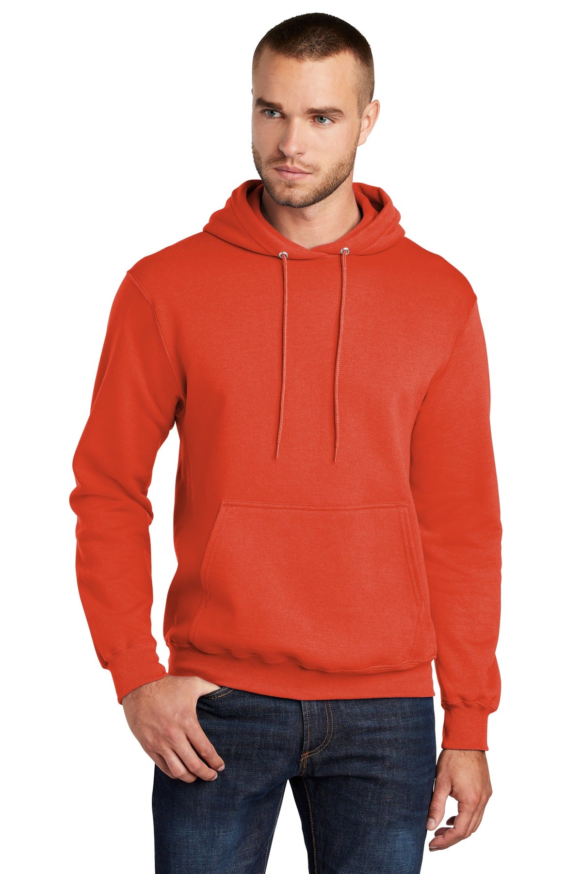 Front View of Orange Port & Co Core Fleece Pullover Hooded Sweatshirt. PC78H