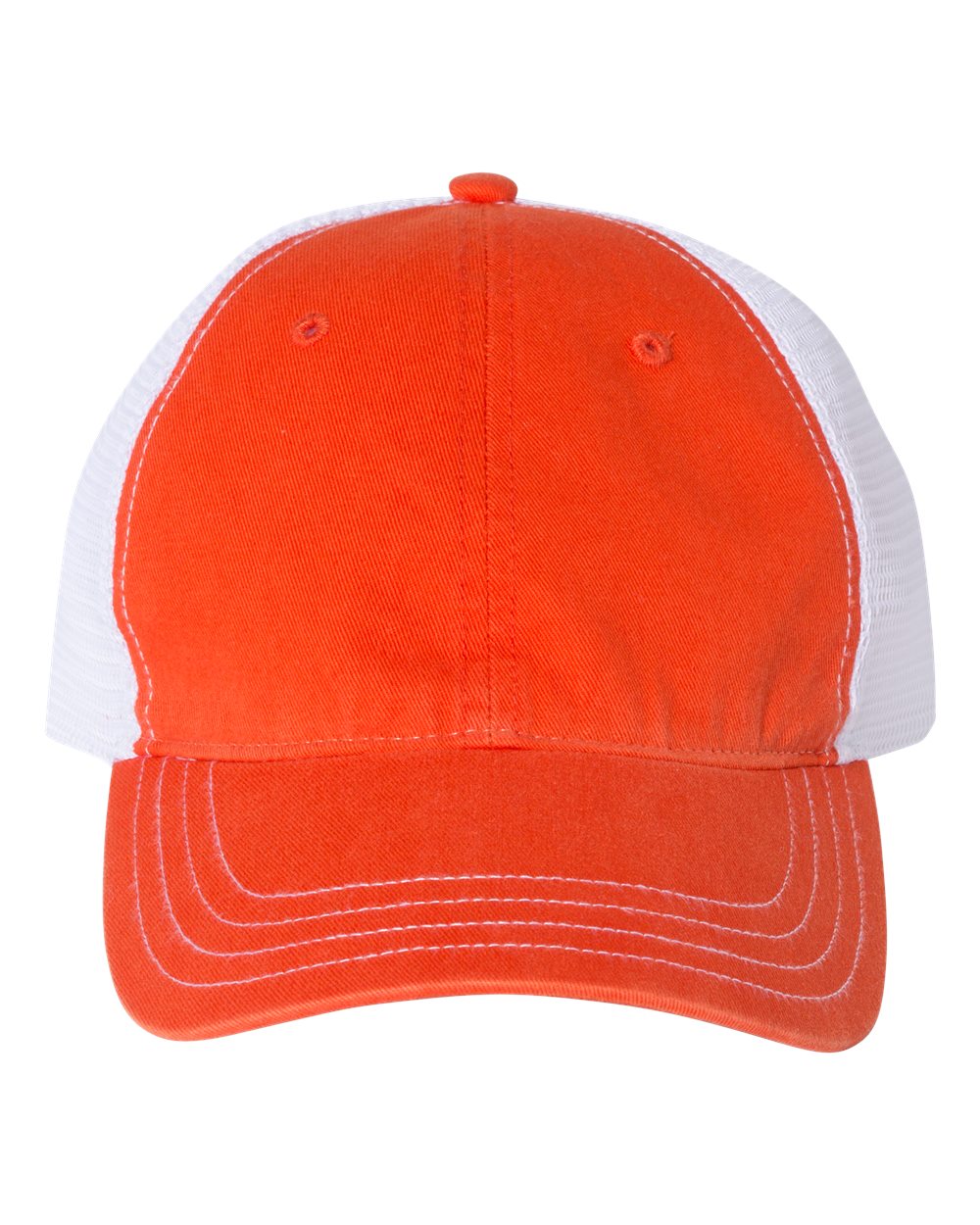 Front View of Orange/ White Garment-Washed Trucker Cap - 111