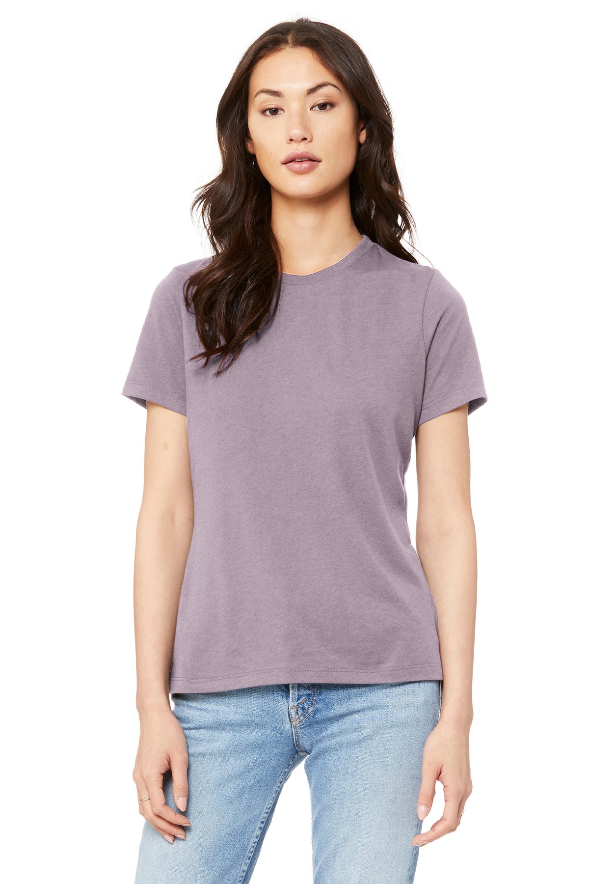 Front View of Orchid BELLA+CANVAS Women's Relaxed Jersey Short Sleeve Tee. BC6400