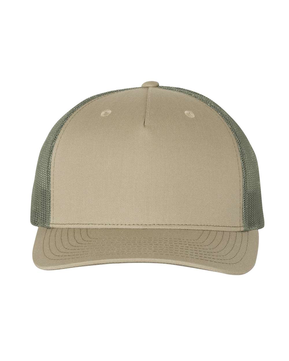 Front View of Pale Khaki/ Loden Green Five-Panel Trucker Cap - 112FP