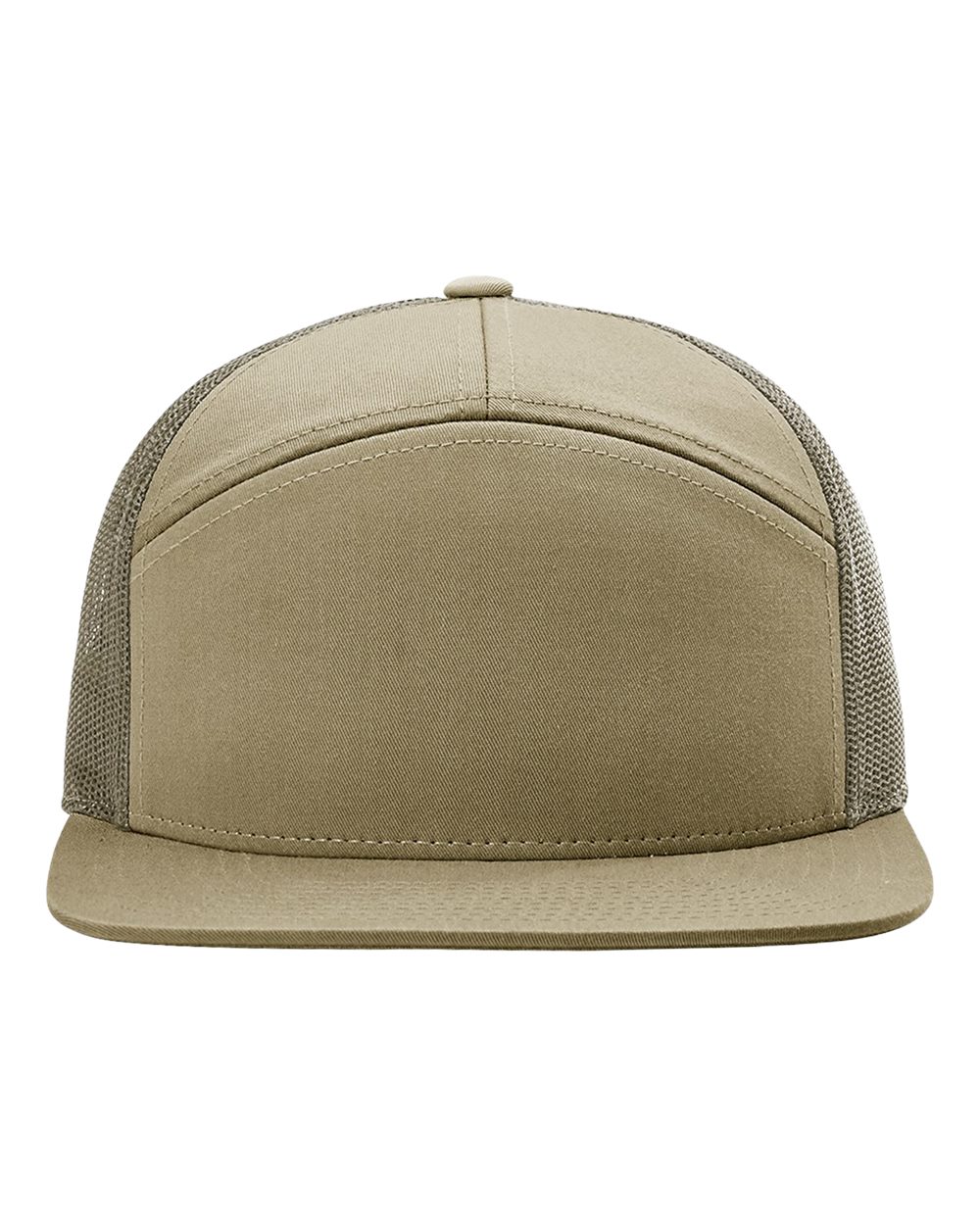 Front View of Pale Khaki/ Loden Green Seven-Panel Trucker Cap - 168