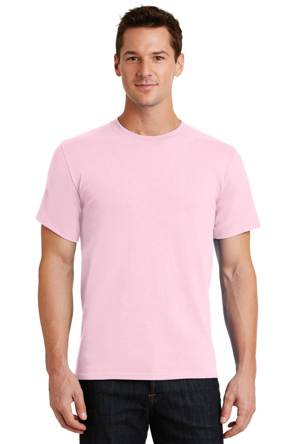 Front View of Pale Pink Port & Co Essential Tee. PC61