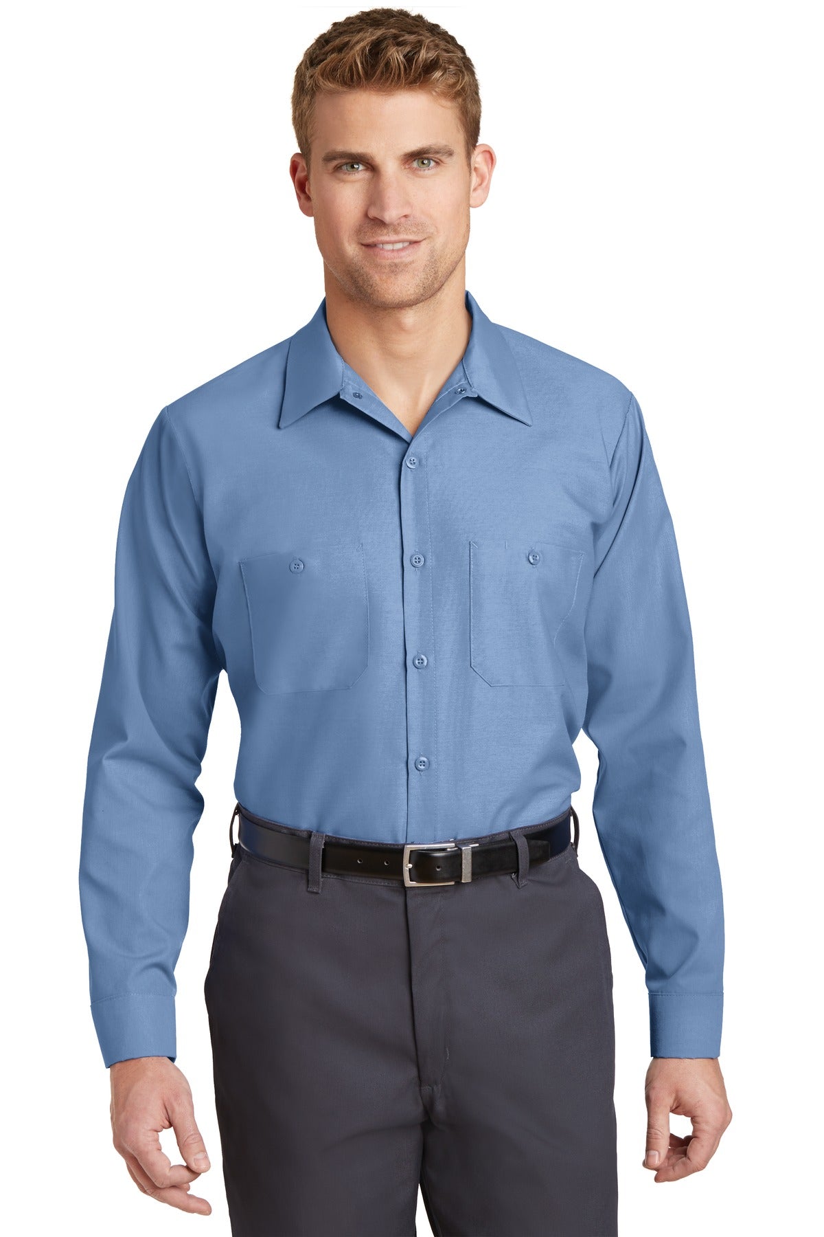 Front View of Petrol Blue Red Kap Long Sleeve Industrial Work Shirt. SP14