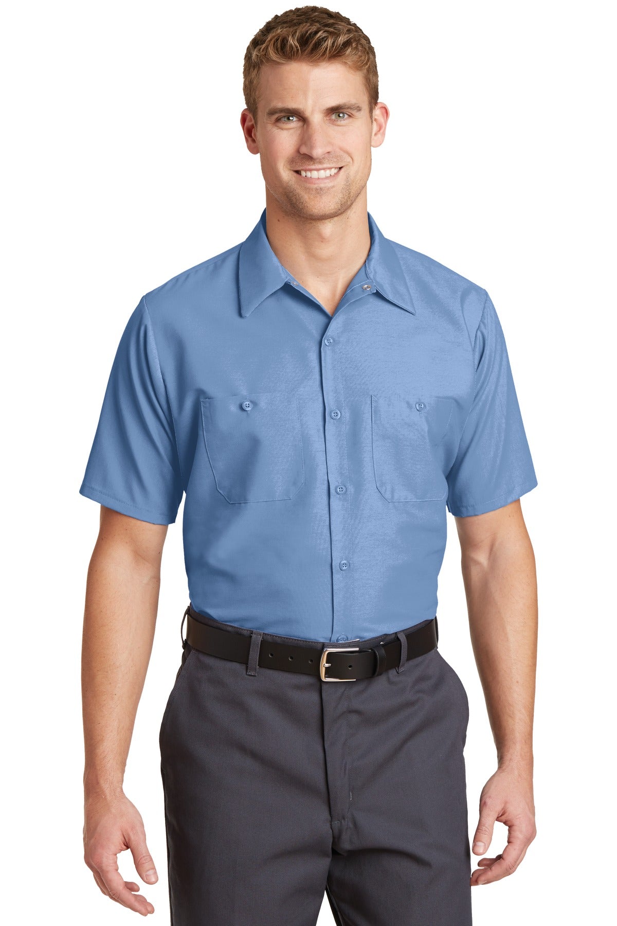 Front View of Petrol Blue Red Kap Short Sleeve Industrial Work Shirt. SP24