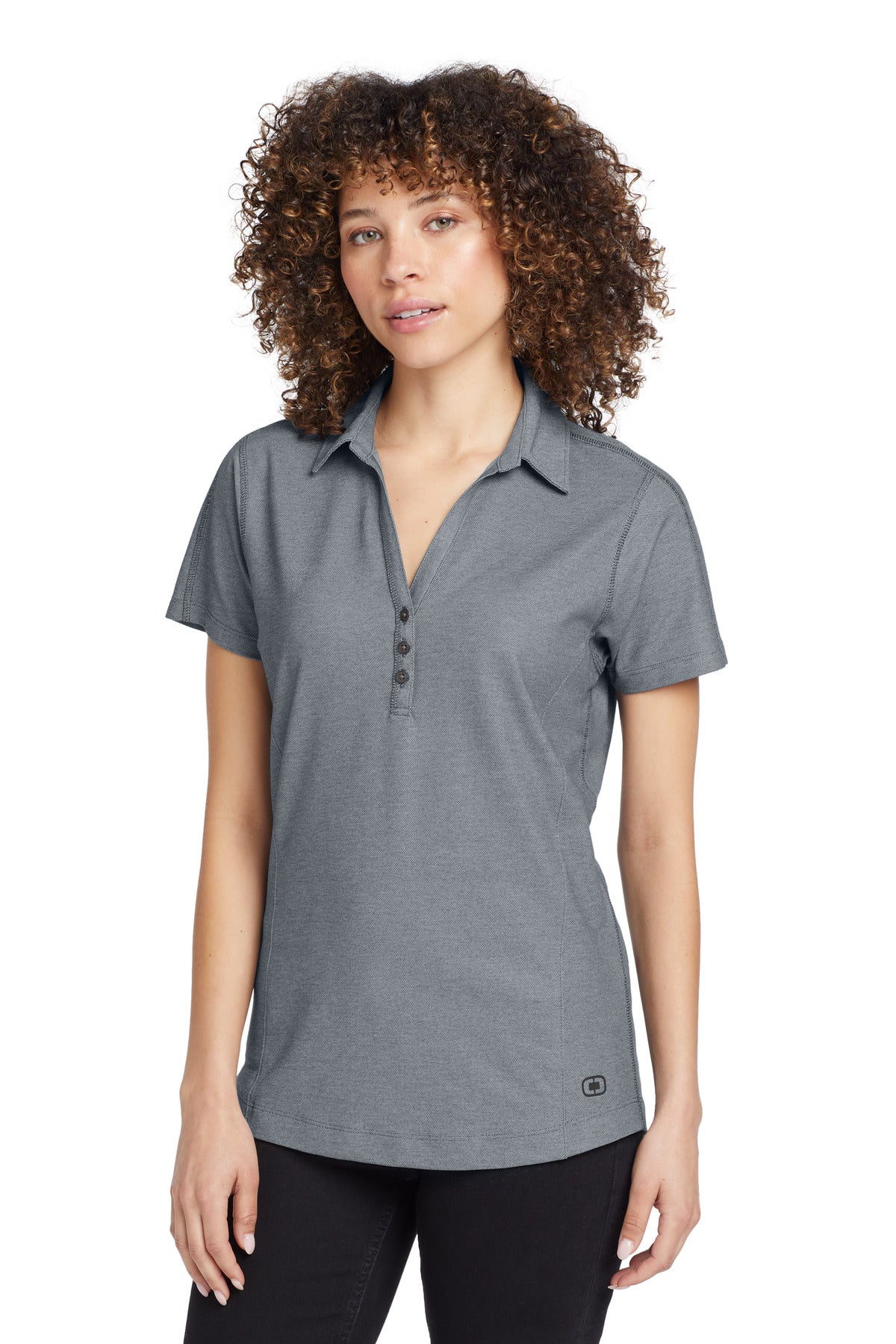 Front View of Petrol Grey OGIO Women's Onyx Polo. LOG126