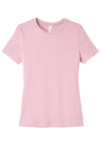 Front View of Pink BELLA+CANVAS Women's Relaxed Jersey Short Sleeve Tee. BC6400