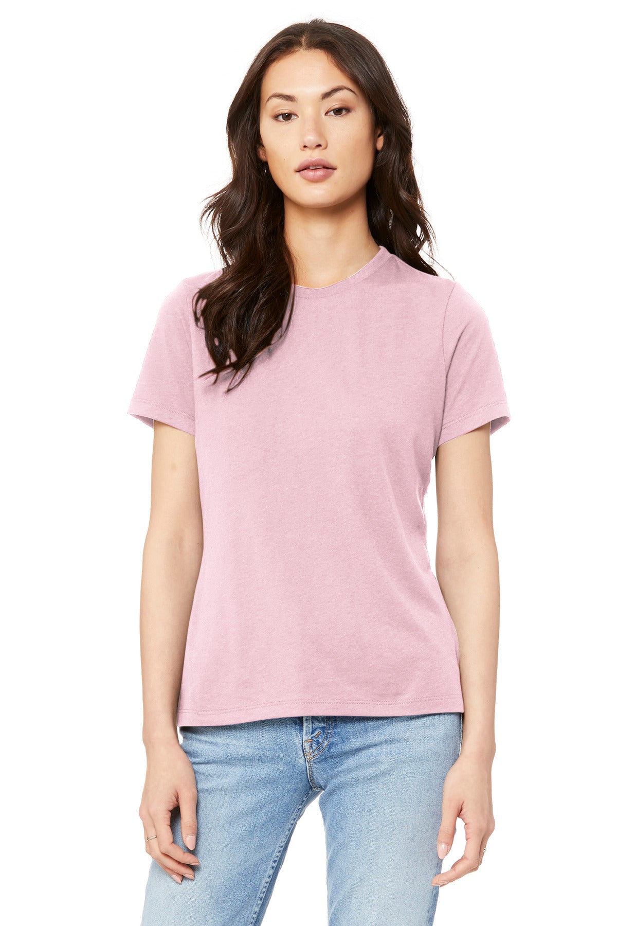 Front View of Pink BELLA+CANVAS Women's Relaxed Jersey Short Sleeve Tee. BC6400