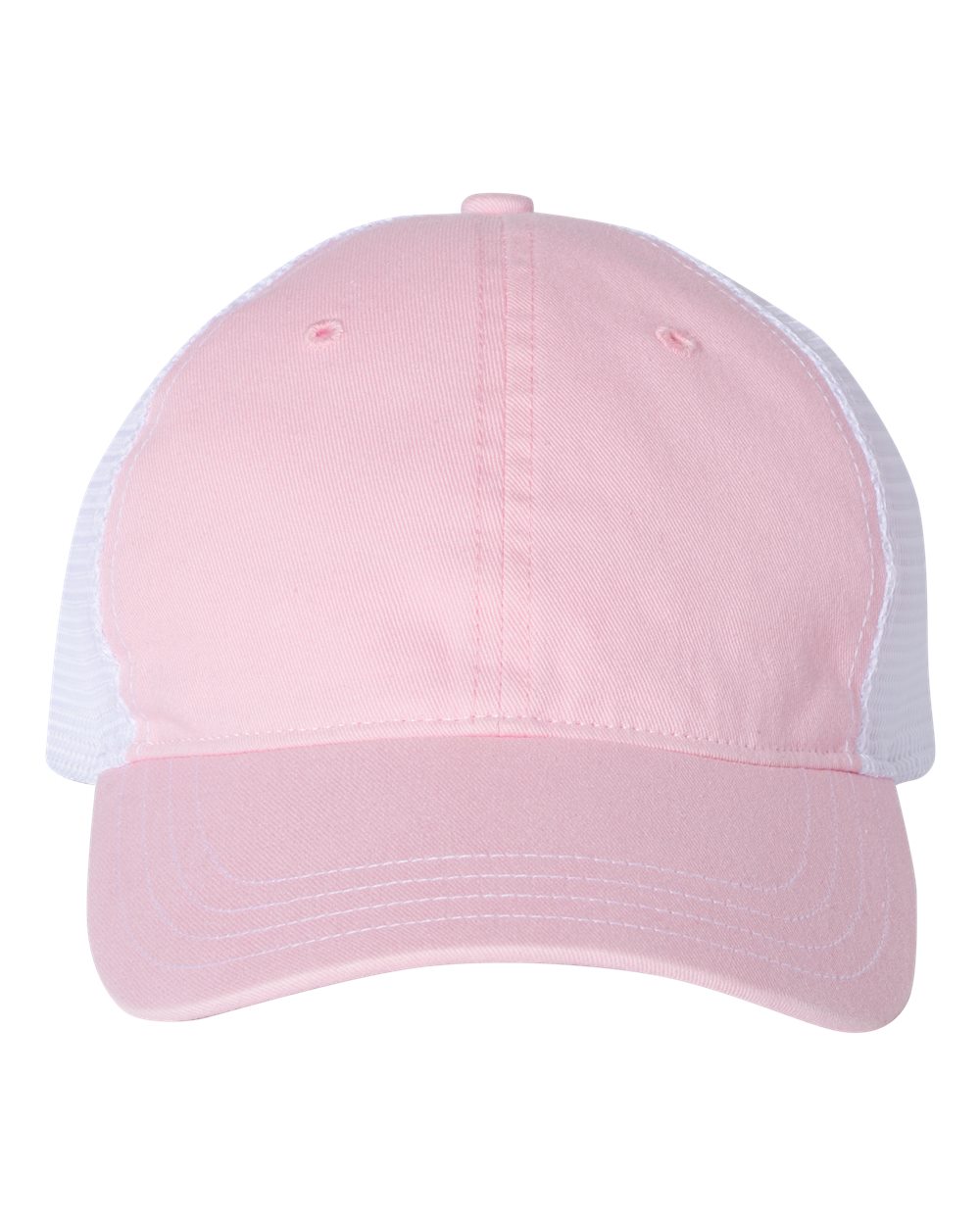 Front View of Pink/ White Garment-Washed Trucker Cap - 111