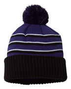 Front View of Purple/ Black/ White Pom Cuffed Beanie - 134