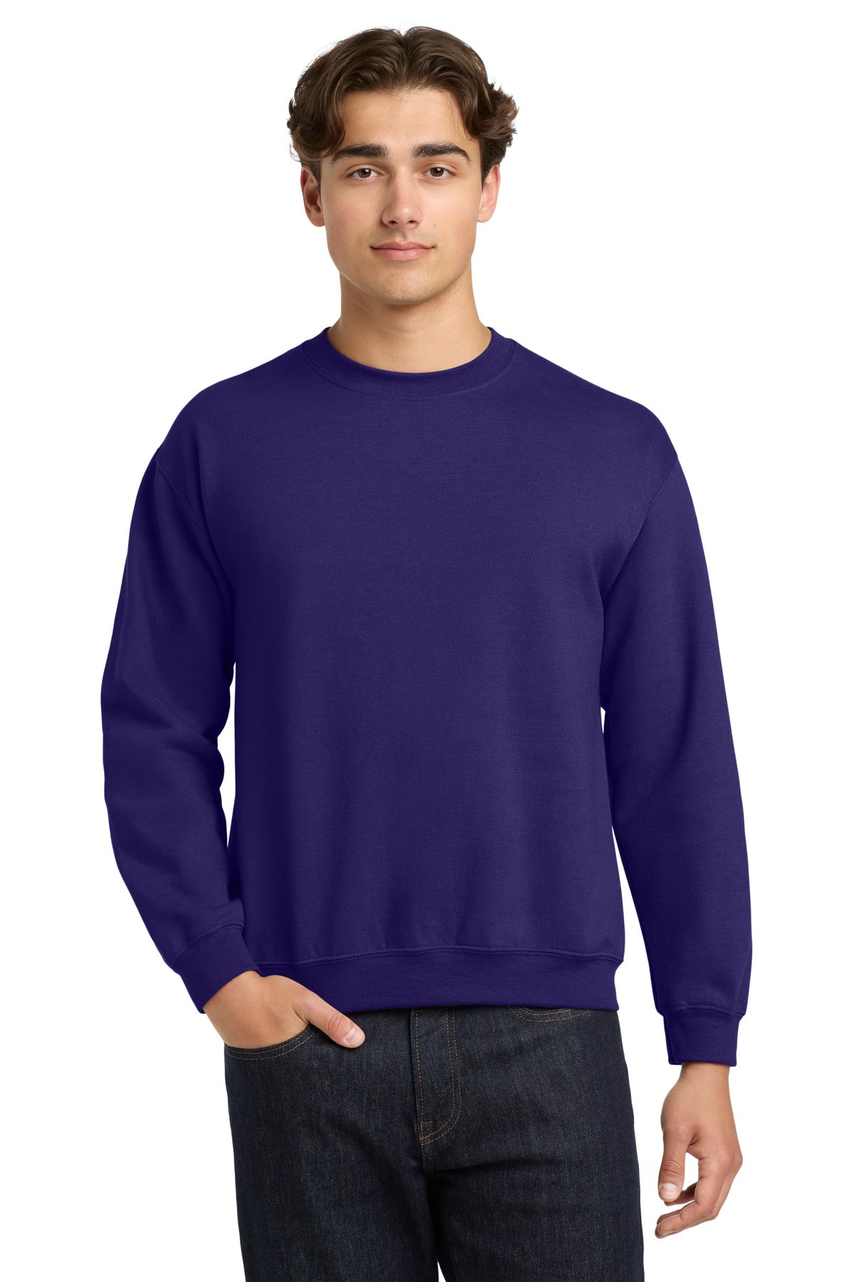Front View of Purple Gildan Heavy Blend Crewneck Sweatshirt. 18000