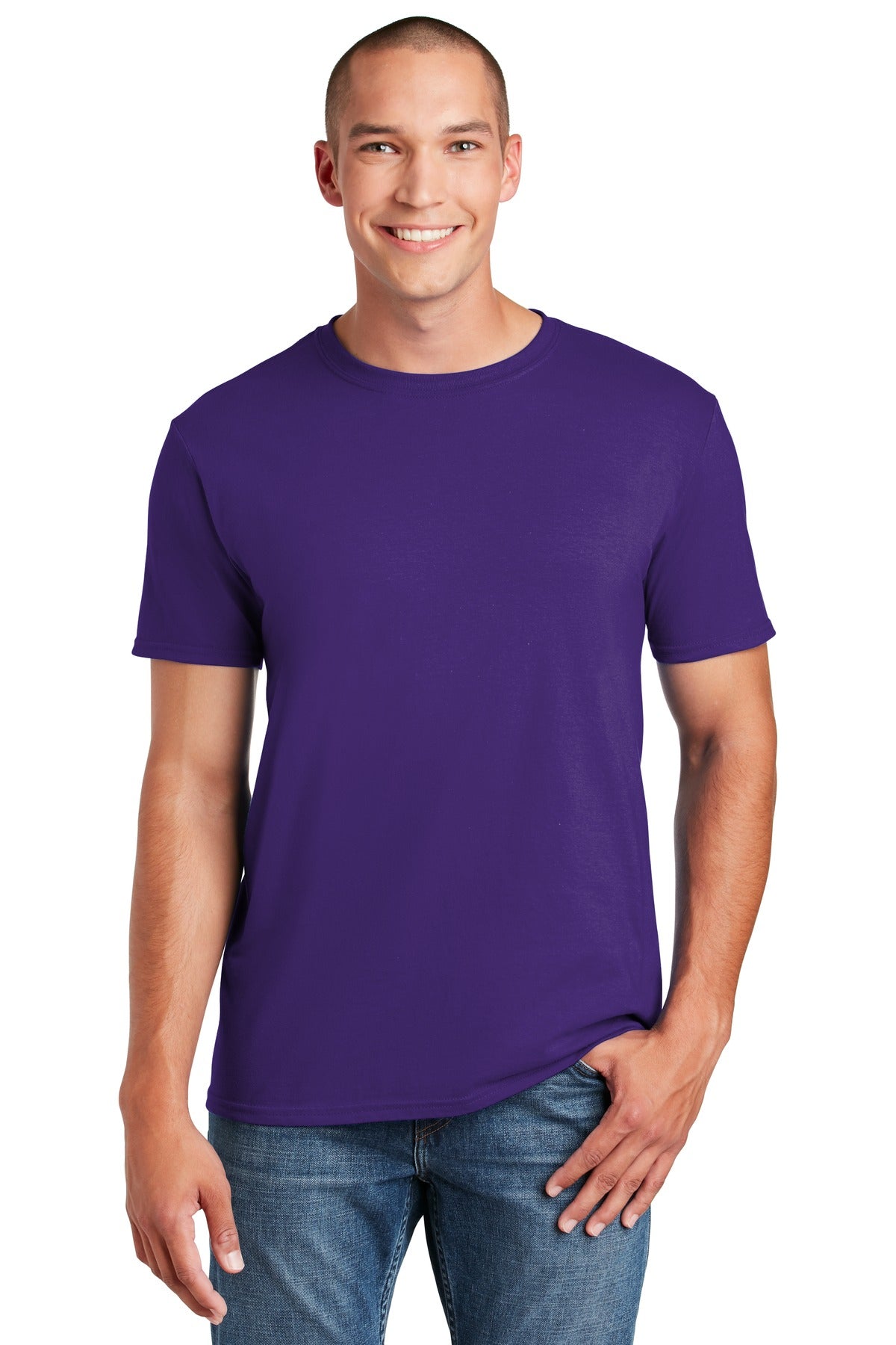 Front View of Purple Gildan Softstyle T-Shirt. 64000