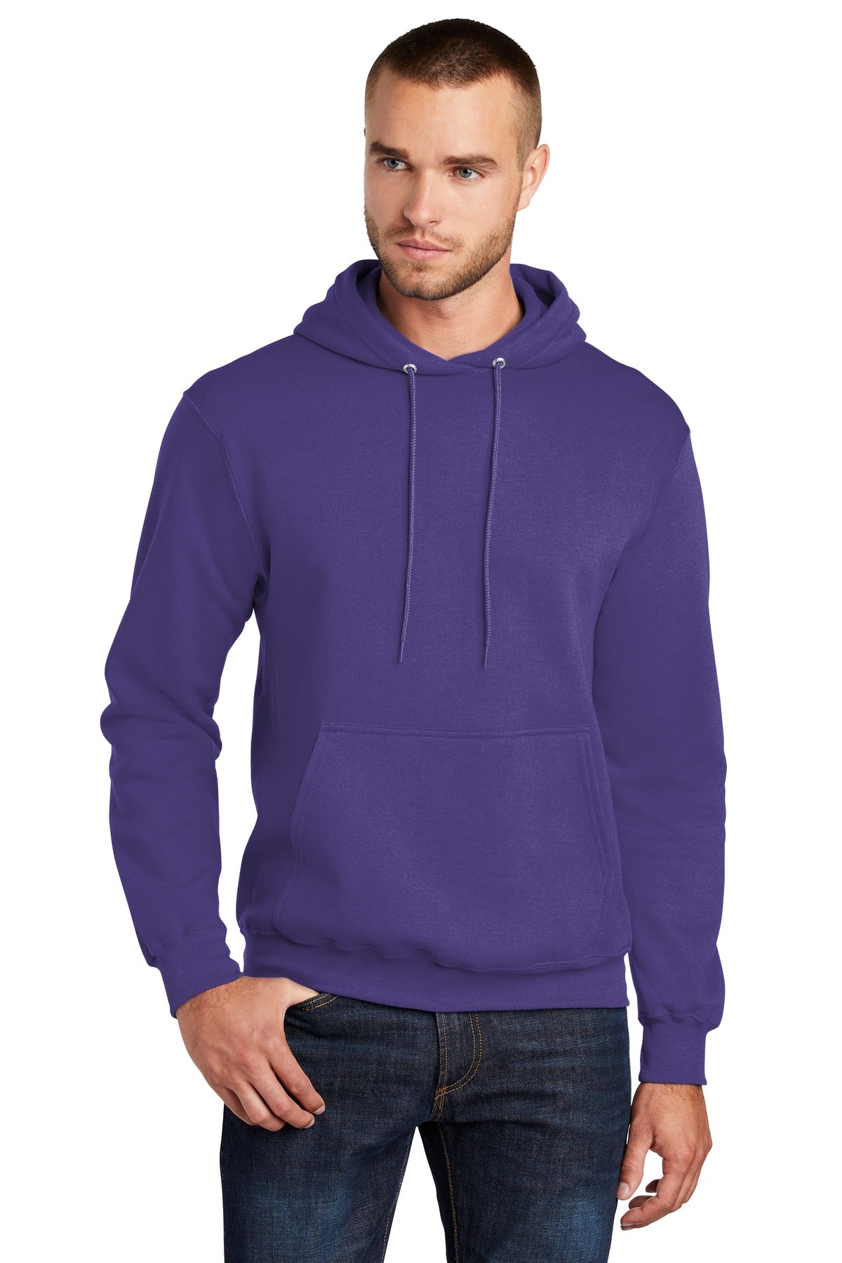 Front View of Purple Port & Co Core Fleece Pullover Hooded Sweatshirt. PC78H