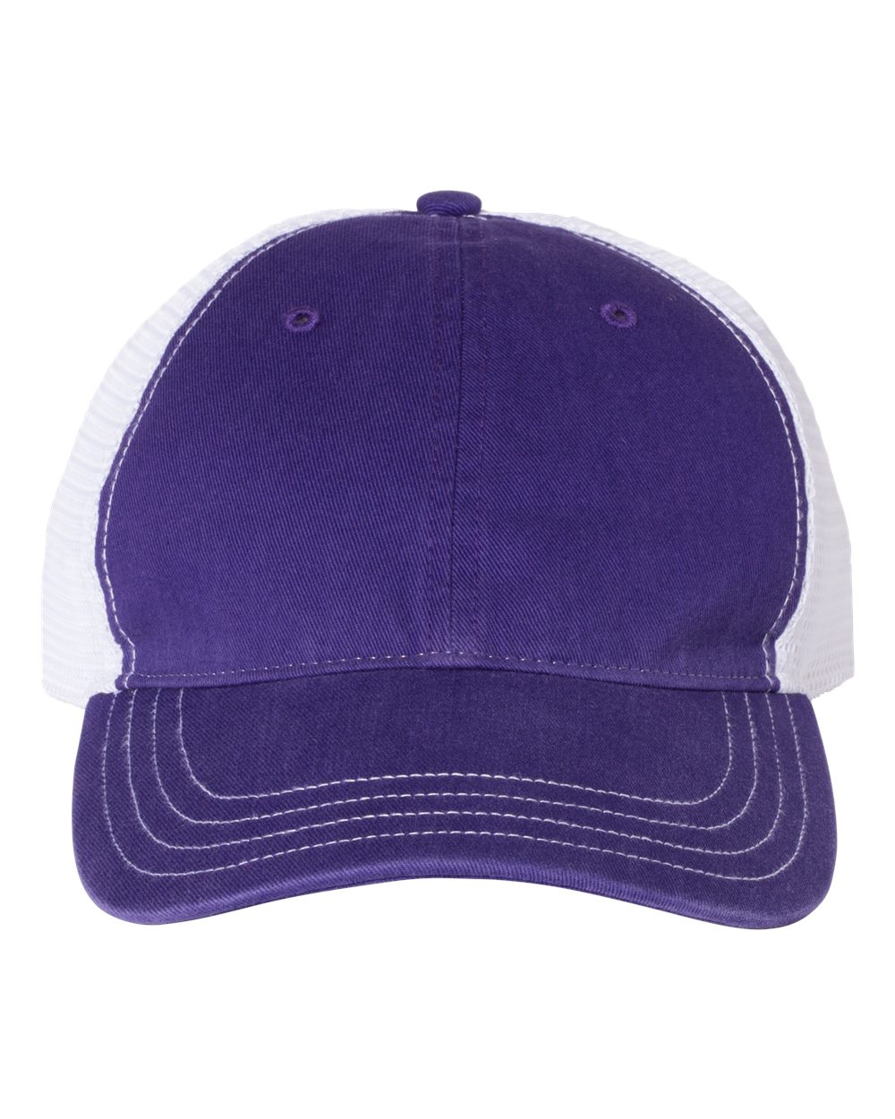 Front View of Purple/ White Garment-Washed Trucker Cap - 111