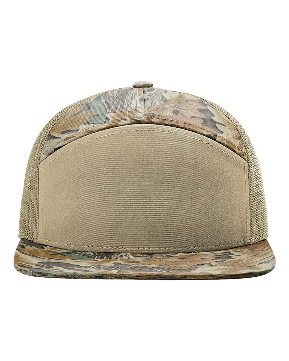 Front View of Realtree Advantage/ Khaki Printed Seven-Panel Trucker Cap - 168P