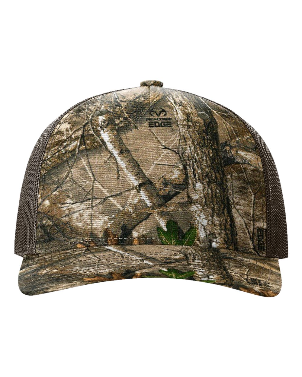 Front View of Realtree Edge/ Brown Five-Panel Printed Trucker Cap - 112PFP