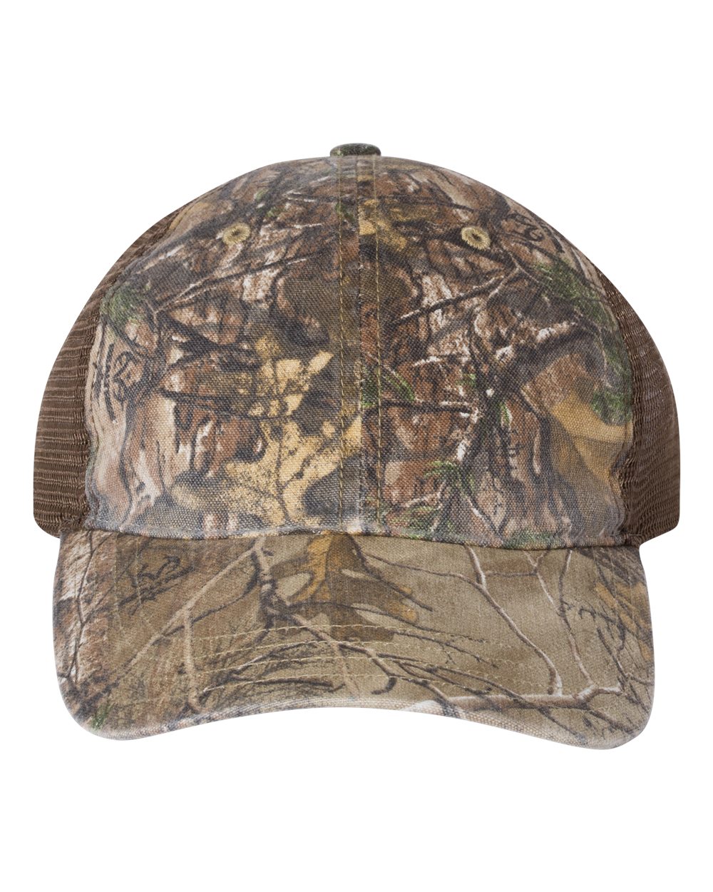 Front View of Realtree Edge/ Brown Garment Washed Printed Trucker Cap - 111P