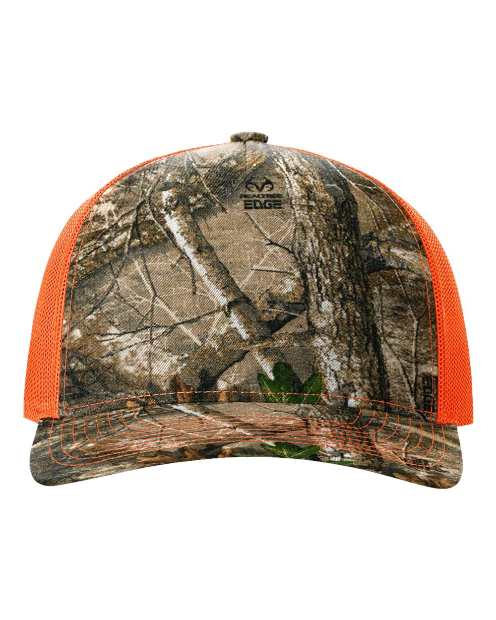 Front View of Realtree Edge/ Neon Orange Five-Panel Printed Trucker Cap - 112PFP