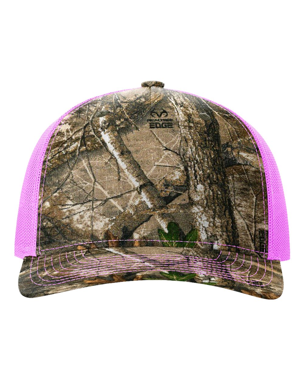 Front View of Realtree Edge/ Neon Pink Five-Panel Printed Trucker Cap - 112PFP