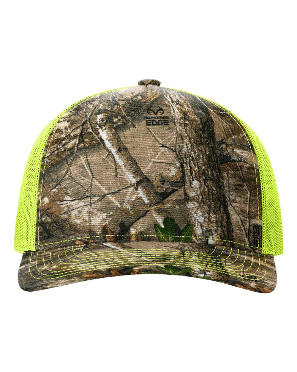 Front View of Realtree Edge/ Neon Yellow Five-Panel Printed Trucker Cap - 112PFP