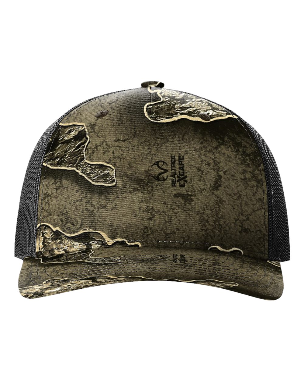 Front View of Realtree Escape/ Black Five-Panel Printed Trucker Cap - 112PFP