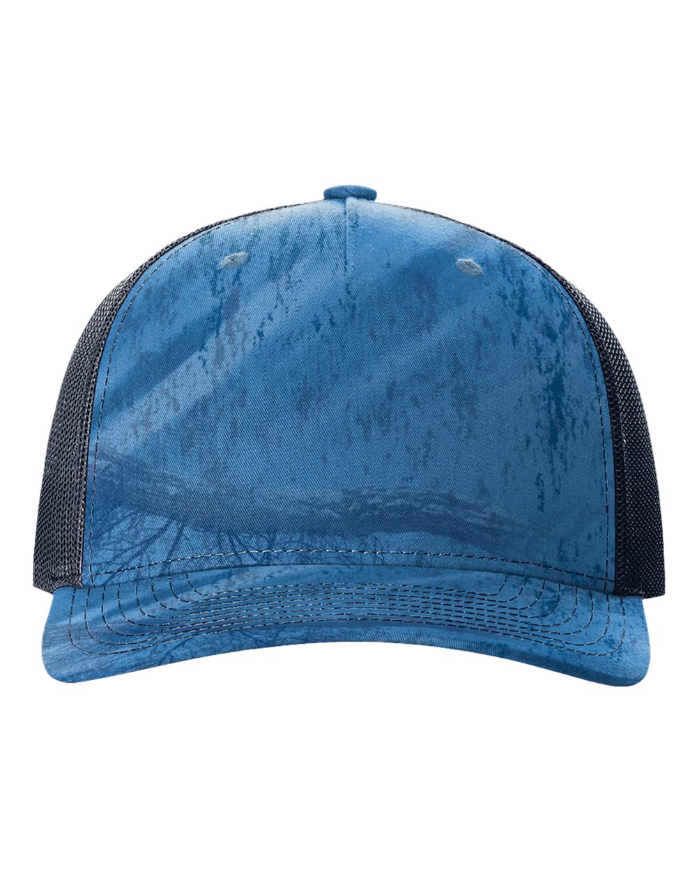 Front View of Realtree Fishing Light Blue/ Navy Five-Panel Printed Trucker Cap - 112PFP