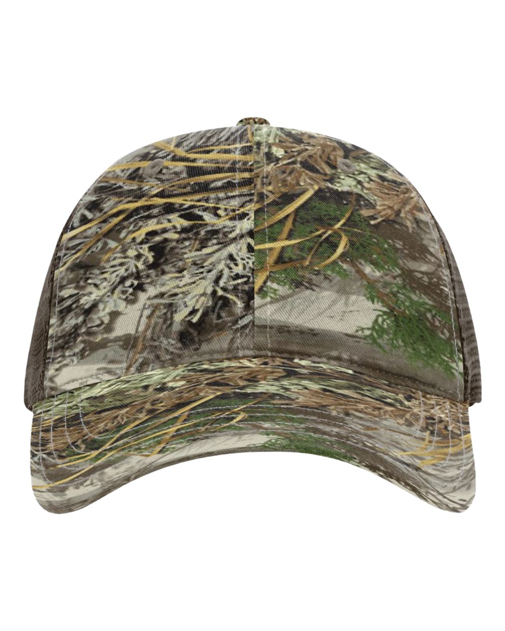 Front View of Realtree Max-1/ Brown Garment Washed Printed Trucker Cap - 111P