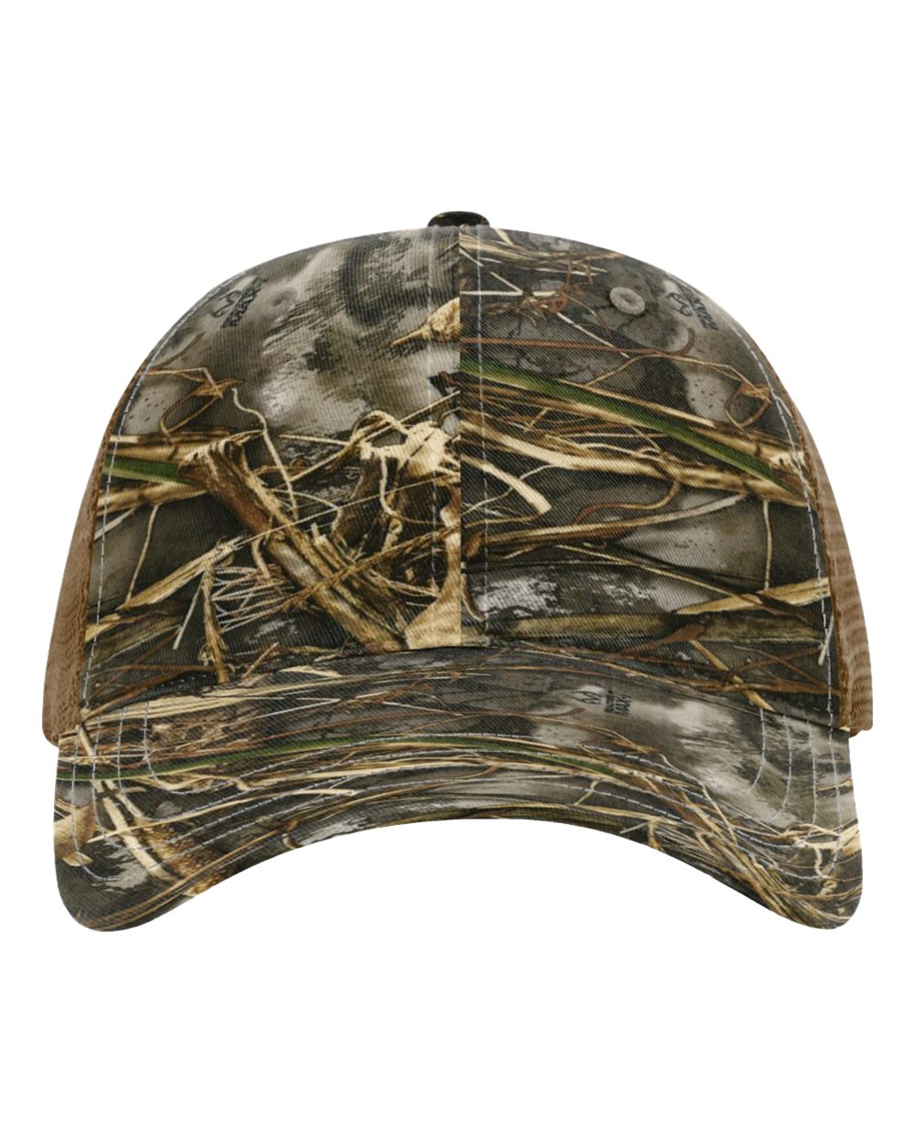 Front View of Realtree Max 7/ Buck Garment Washed Printed Trucker Cap - 111P