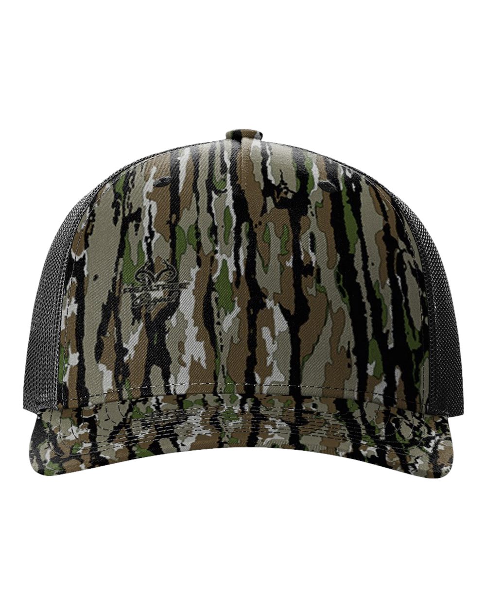 Front View of Realtree Original/ Black Five-Panel Printed Trucker Cap - 112PFP