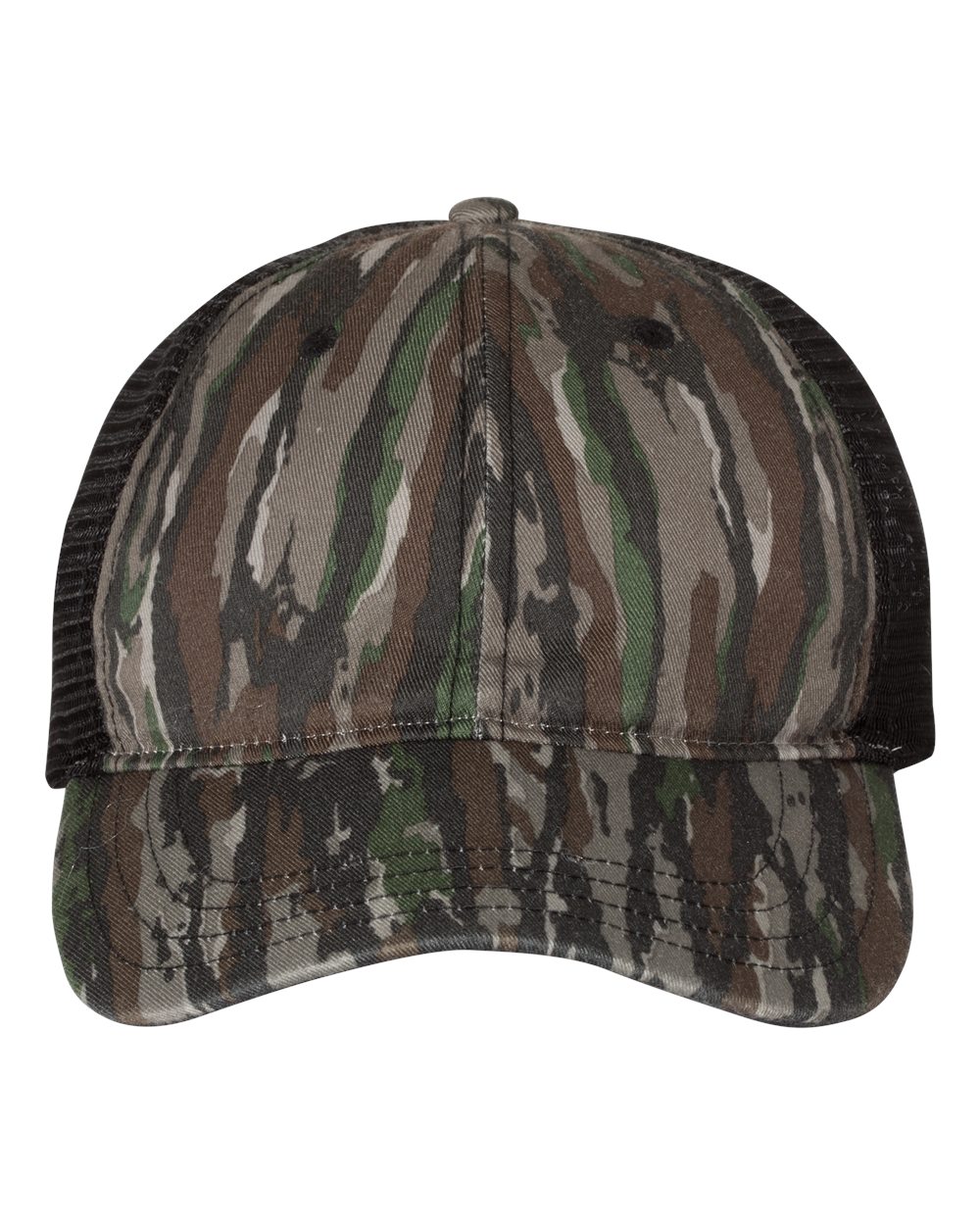 Front View of Realtree Original/ Black Garment Washed Printed Trucker Cap - 111P