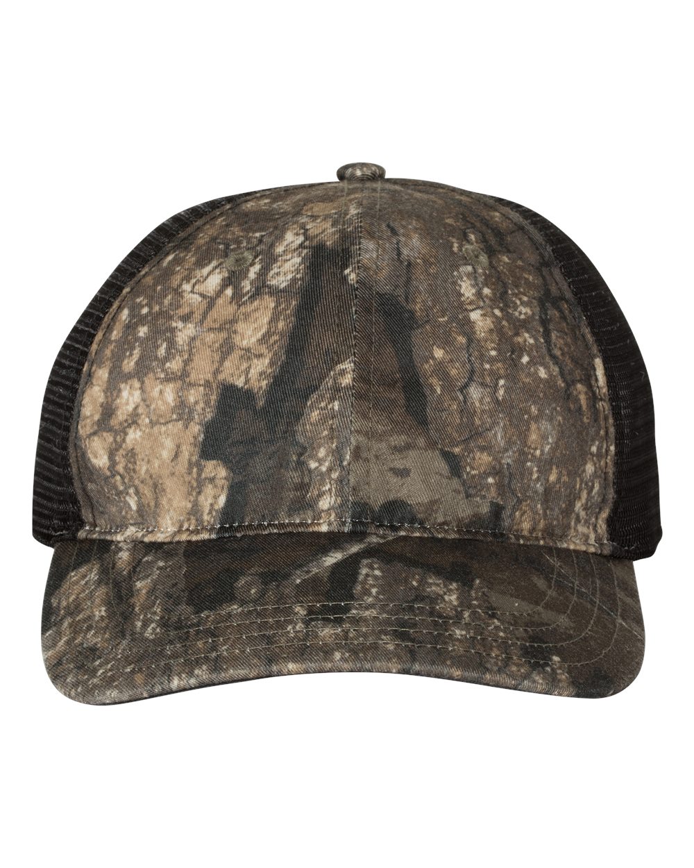 Front View of Realtree Timber/ Black Garment Washed Printed Trucker Cap - 111P