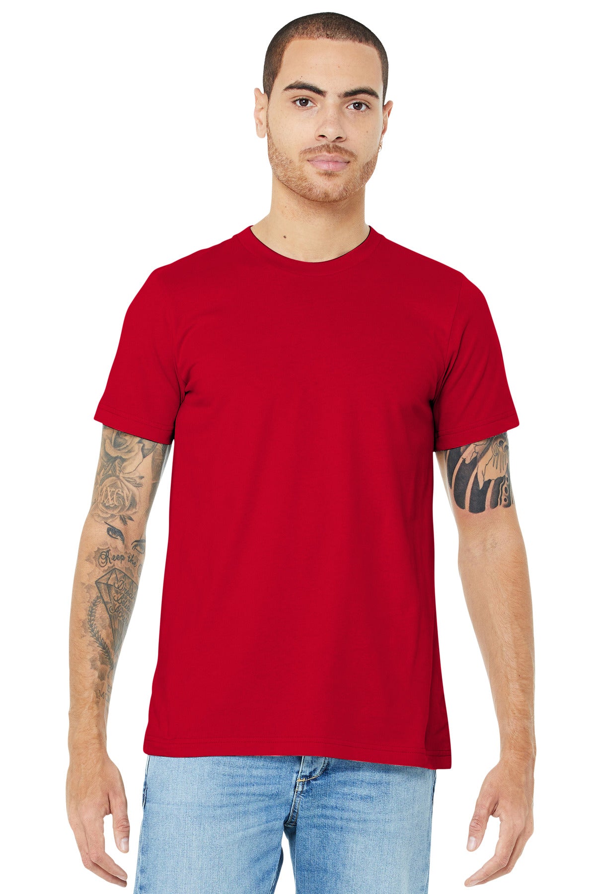 Front View of Red BELLA+CANVAS Unisex Jersey Short Sleeve Tee. BC3001