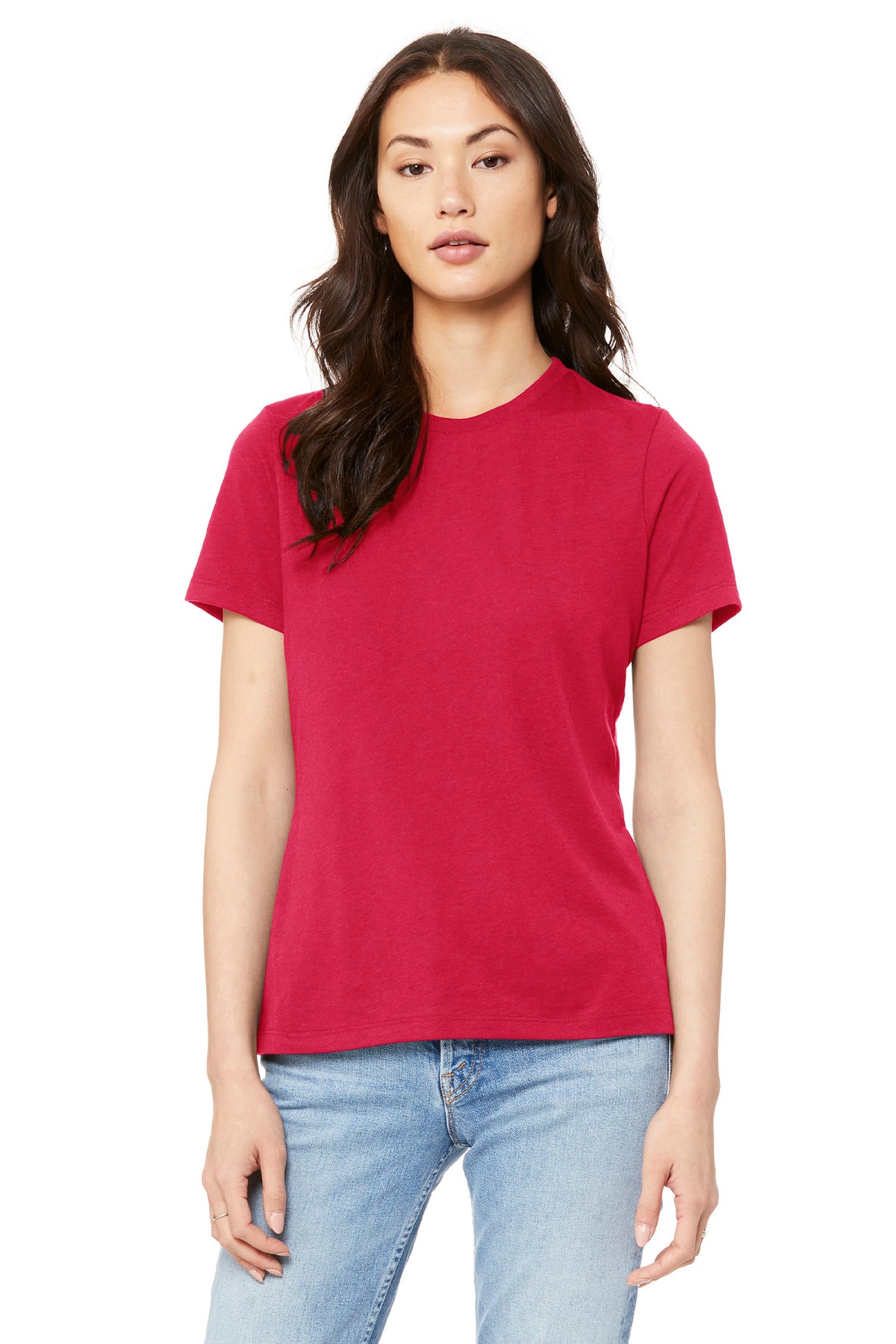 Front View of Red BELLA+CANVAS Women's Relaxed Jersey Short Sleeve Tee. BC6400