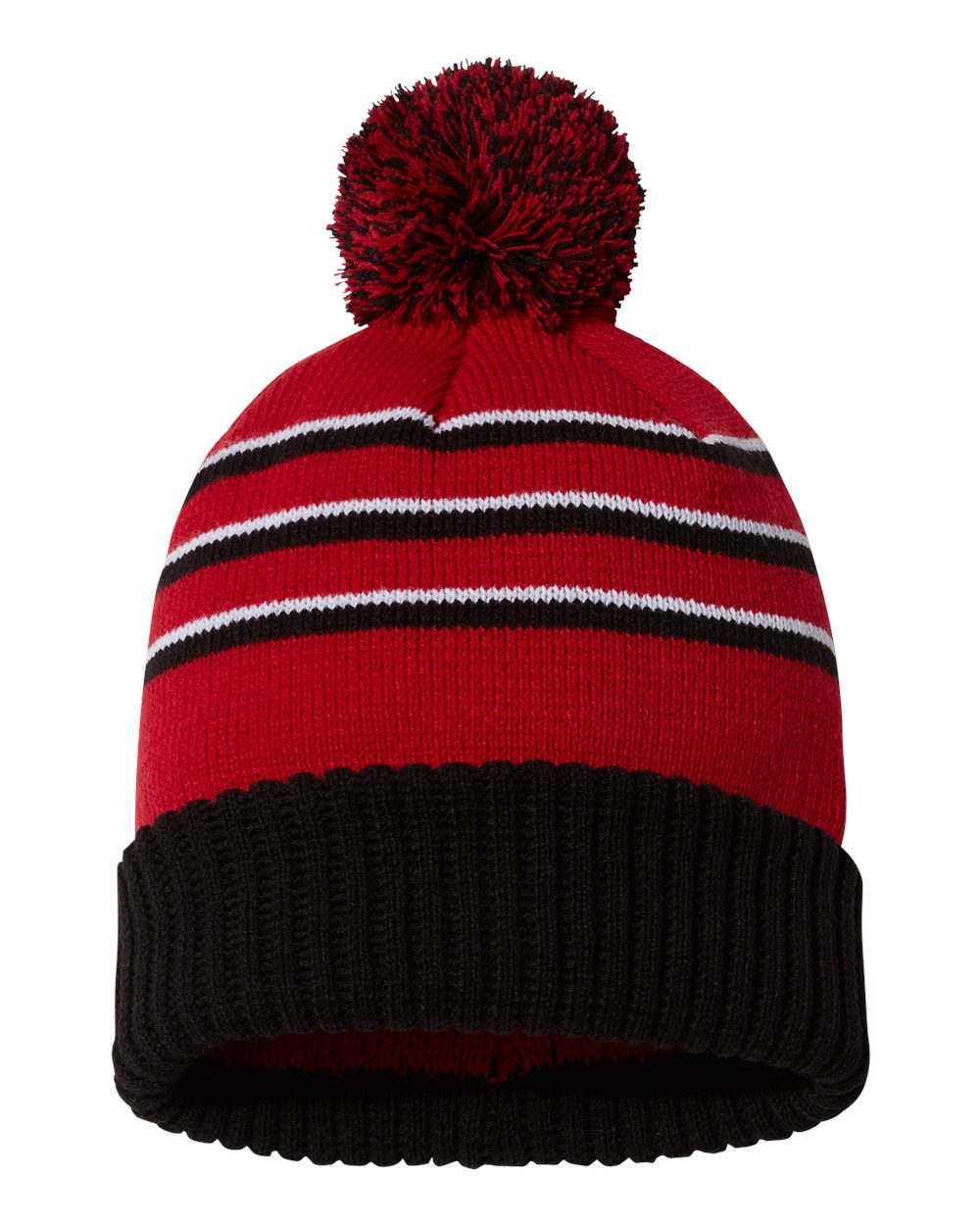 Front View of Red/ Black/ White Pom Cuffed Beanie - 134