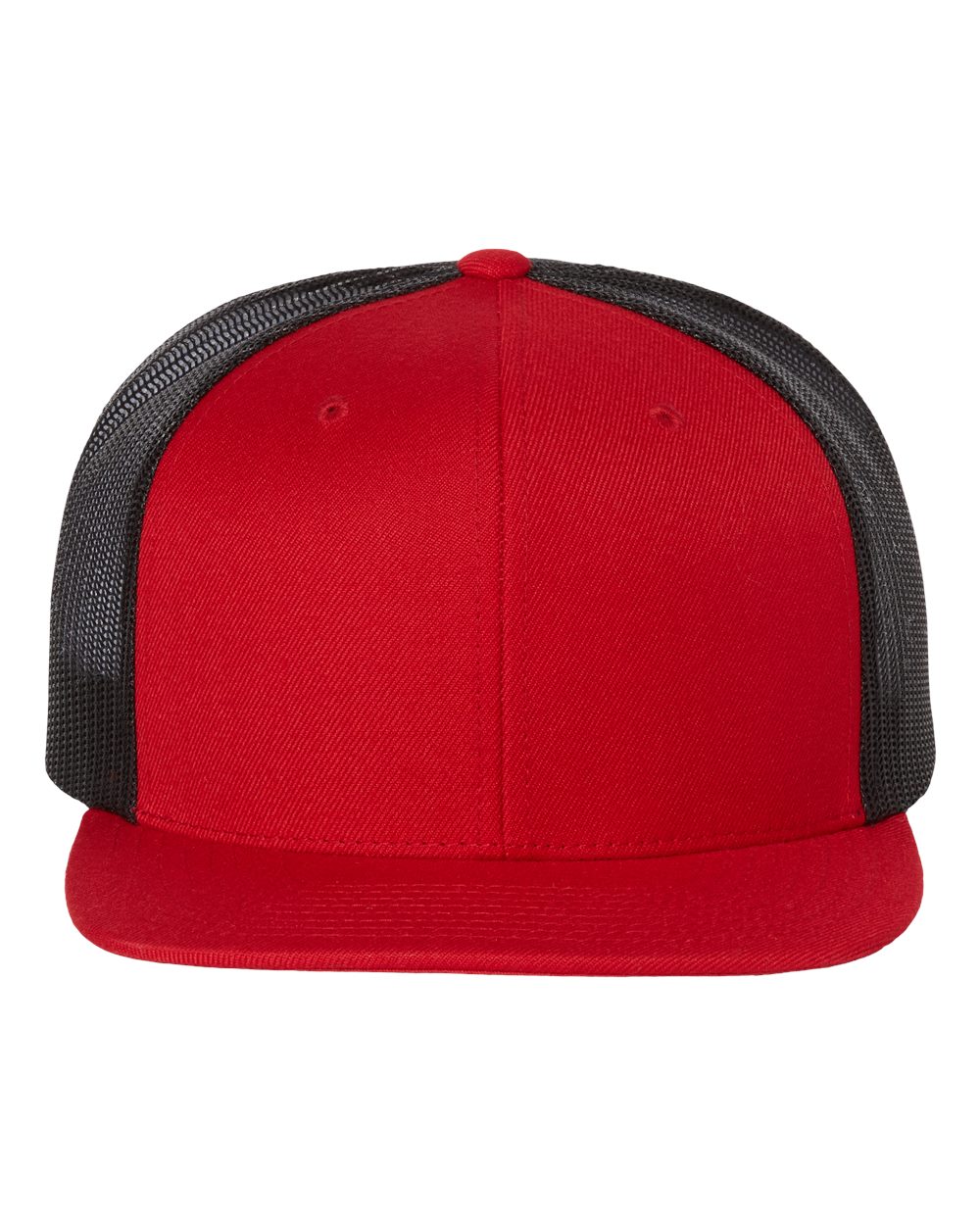 Front View of Red/ Black Wool Blend Flat Bill Trucker Cap - 511