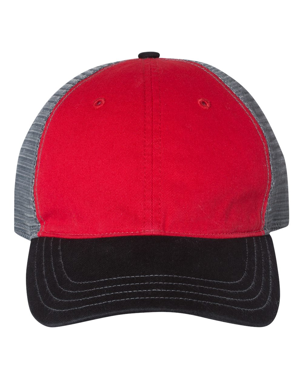 Front View of Red/ Charcoal/ Black Garment-Washed Trucker Cap - 111