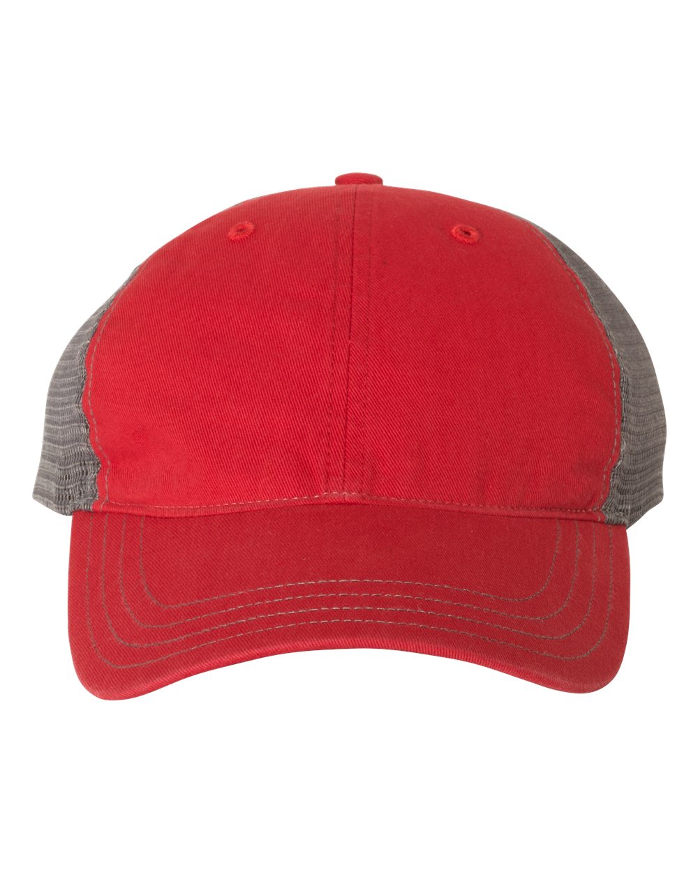 Front View of Red/ Charcoal Garment-Washed Trucker Cap - 111