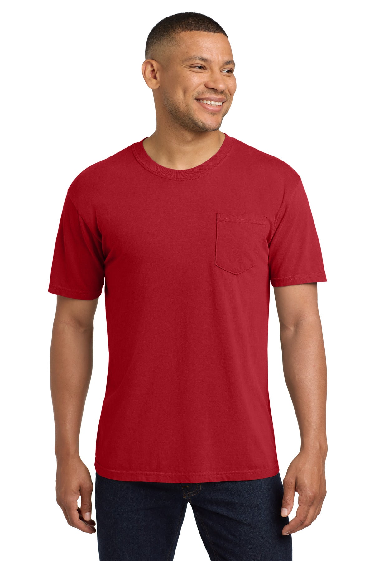 Front View of Red COMFORT COLORS Heavyweight Ring Spun Pocket Tee. 6030